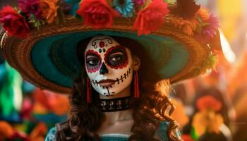 en glad firande av mexikansk kultur med färgrik kostymer och dekorationer genererad förbi ai foto