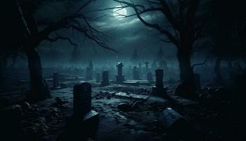 läskigt natt, dimmig gravsten, mysterium i mörk skog, spöke silhuett genererad förbi ai foto