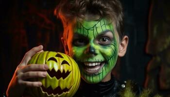 en läskigt halloween firande med ett person i en kostym genererad förbi ai foto