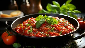 färsk tomat sallad, en friska vegetarian måltid med hemlagad klä på sig genererad förbi ai foto