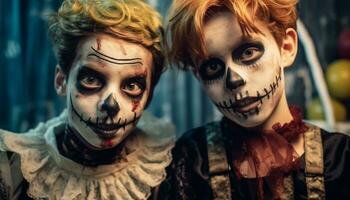 läskigt halloween firande med ondska kostymer, mörk porträtt, och Skräck genererad förbi ai foto