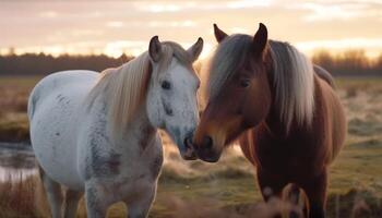 häst betning i äng, njuter de skönhet av natur genererad förbi ai foto