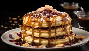 stack av hemlagad pannkakor med choklad sås och vispad grädde genererad förbi ai foto