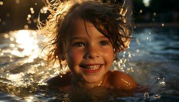 leende barn åtnjuter sommar roligt, lycka utomhus, glad simning genererad förbi ai foto