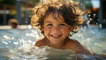 leende barn stänk vatten, njuter sommar utomhus med glad lycka genererad förbi ai foto