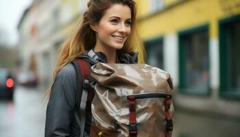 leende ung kvinna gående utomhus med ryggsäck, njuter stad liv genererad förbi ai foto