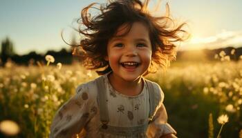 leende flicka åtnjuter natur, spelar i äng, sorglös och Lycklig genererad förbi ai foto
