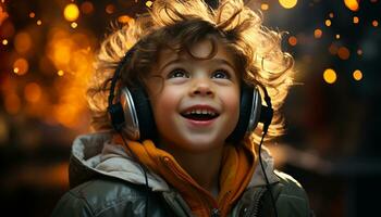 leende Pojkar njuter vinter- utomhus, lyssnande till musik med hörlurar genererad förbi ai foto