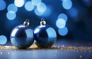 ai generativ. blå jul bollar med dekoration på skinande bakgrund foto