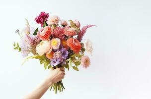 ai generativ. hand innehav bukett av skön blommor foto