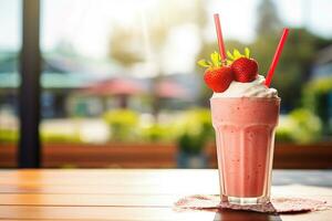 ai generativ. jordgubb milkshake i en glas med en sugrör foto