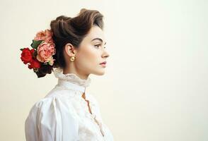 ai generativ. aristokratisk flicka i blus med krusidull och blommor i henne hår foto