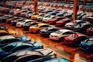 olika samling av bilar på ett bil fabrik parkering massa - generativ ai foto