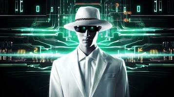 hacker med vit hatt. begrepp av etisk dataintrång, mörk webb, Cyber brott, Cyber attack foto