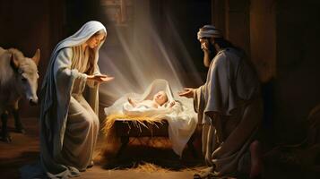 Mary, Joseph och de bebis Jesus, son av Gud, jul berättelse, jul natt foto