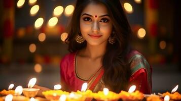 indisk kvinna i traditionell sari med olja lampa och fira diwali, festval av lampor foto