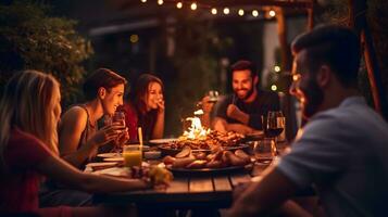 Foto av ung människor njuter utsökt utegrill middag fest dricka röd vin. ai genererad