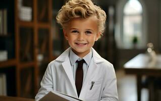 Lycklig liten unge i läkare kostym. ai genererad foto