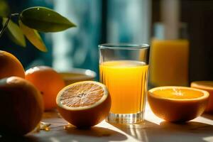 vibrerande orange juice och färsk mogen apelsiner - generativ ai foto