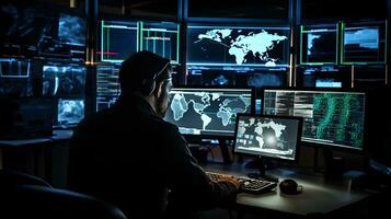 säkerhet analytiker påfrestande stridande cyber brottslighet. cyber hacker med dator. ai genererad foto