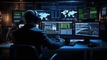 säkerhet analytiker påfrestande stridande cyber brottslighet. cyber hacker med dator. foto