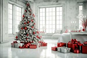Semester dekor med jul träd och gåva lådor - generativ ai foto