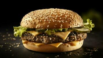 hamburgare, ostburgare, med kött kotlett, ost, sallad och tomat, på en svart bakgrund ai generativ foto