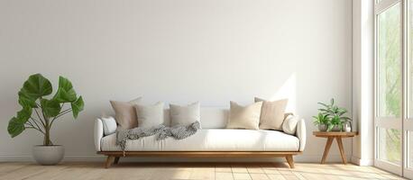 illustration av en ljus och naiv nordic Hem interiör med en vit soffa solljus strömning till en trä- golv minimal dekor på en stor vägg och en se av en vit landskap genom de w foto