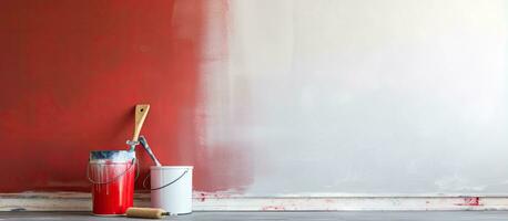 renovering i levande rum med måla vält och hink foto