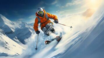 en skidåkare i en orange jacka är skidåkning i de ljus Sol och blå himmel- foto