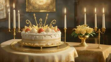 en firande av glädje med ett elegant födelsedag kaka gyllene ai genererad foto