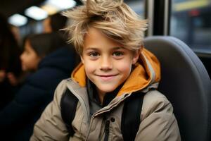 en ung pojke Sammanträde på en buss generativ ai foto