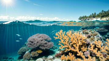 fängslande koraller mitt i omfattande under vattnet himmel ai genererad foto