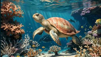 utforska de vibrerande under vattnet värld med sköldpaddor, färgrik fisk, och korall rev ai genererad foto