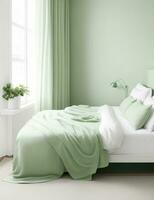 en minimalistisk sovrum med en ljus grön vägg, en enkel säng med en texturerad kudde, och en ljus filt draperad över de kant. generativ ai foto
