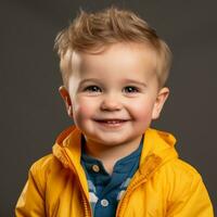 en ung pojke i en gul jacka ler för de kamera generativ ai foto