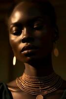 porträtt av en chic svart kvinna närbild i lyx Smycken , naturlig studio Foto, värma filtrera, ai generativ konst foto