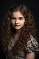 porträtt av en ung flicka med lockigt röd hår, närbild, naturlig mjuk ljus, ai genererad konst foto