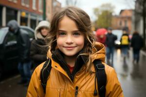 en ung flicka i en gul jacka stående på de gata generativ ai foto