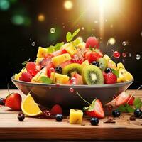 frukt sallad, frukt sallad realistisk restaurang bakgrund hög kvalitet ai bild genererad foto