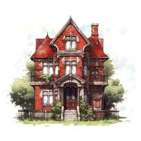 hus anime stil, hus röd tegel vit bakgrund hög kvalitet ai bild genererad foto