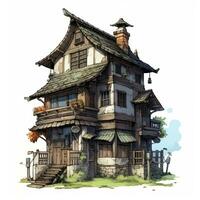 hus anime stil, hus vit bakgrund hög kvalitet ai bild genererad foto