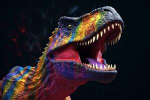 abstrakt av tyrannosaurus rex eller t Rex dinosaurie porträtt i cretaceous period med mång färgad färgrik på hud kropp måla, vibrerande ljus gradienter bakgrund, med generativ ai. foto