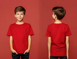 främre och tillbaka visningar av en liten pojke bär en röd t-shirt. ai genererad foto