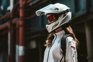 ung Häftigt kvinna bär motorcykel redskap och hjälm, ai genererad foto