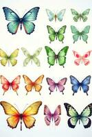 uppsättning av vattenfärg fjärilar isolerat på vit, ai genererad foto