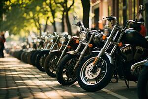 motorcyklar parkerad på de motorcyklar parkering massa på sammankomst eller händelse, ai genererad foto