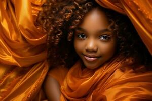 en ung svart kvinna med ett orange turban över levande bakgrund foto