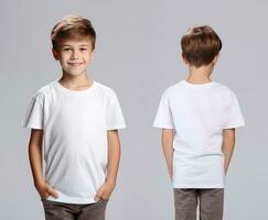 främre och tillbaka visningar av en liten pojke bär en vit t-shirt. ai genererad foto