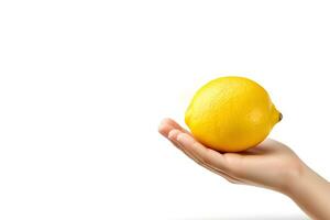 citron- i hand isolerat på vit bakgrund med kopia Plats. ai genererad foto